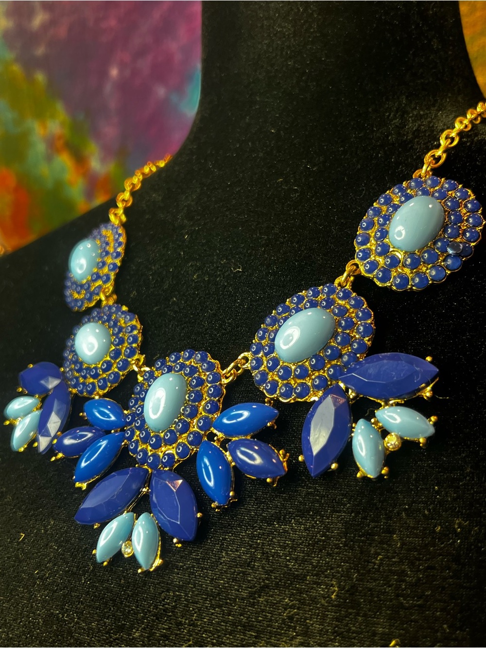 Gold-Tone /Blue Statement Floral Necklace vintage